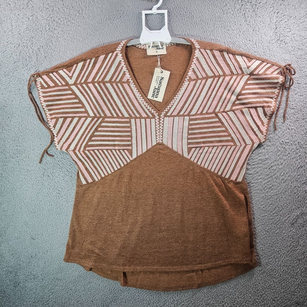 NEW Savanna Jane Top Blouse Women 2X Geometric Embroidered Pink Brown Boho